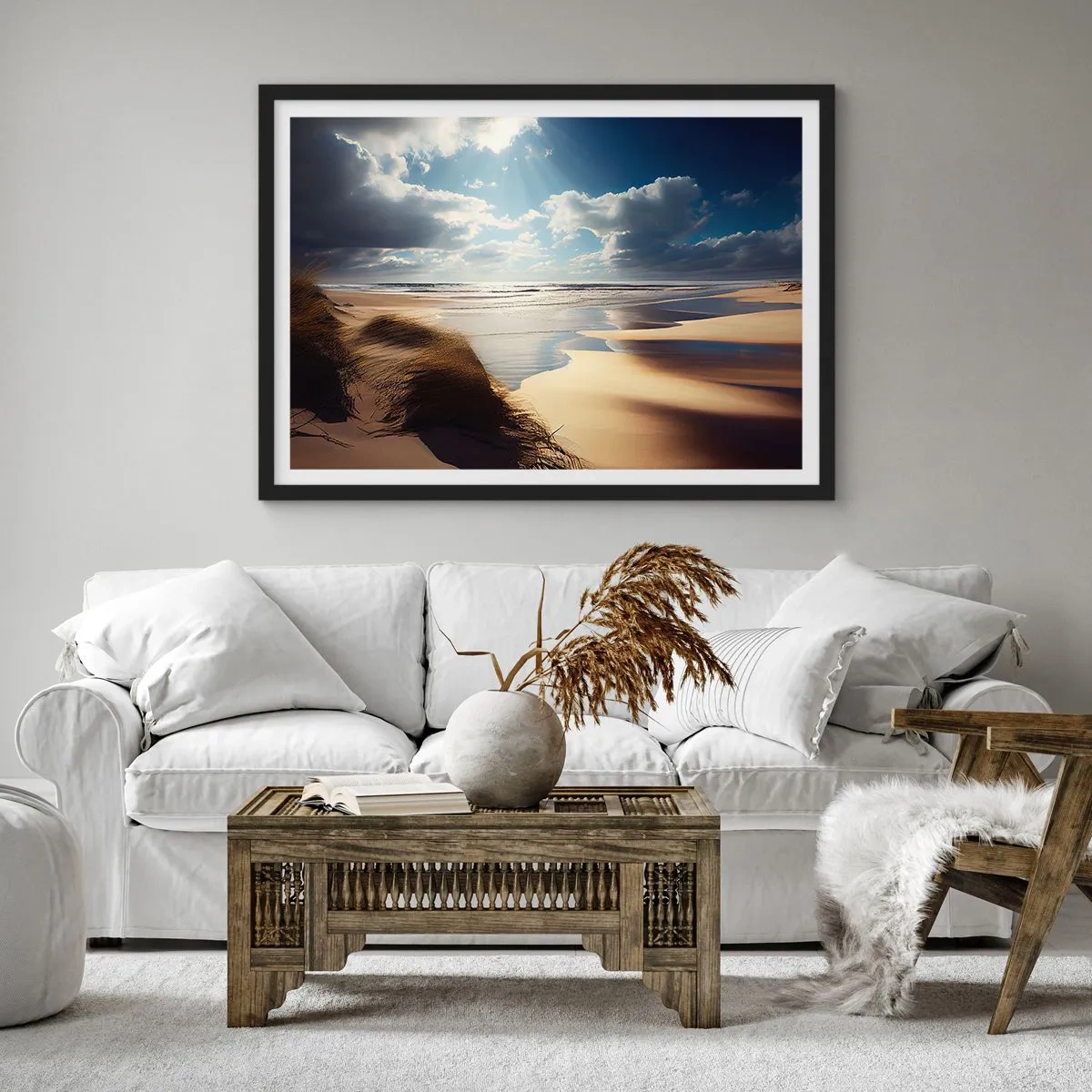 Poster in cornice nera - Una spiaggia selvaggia con dune e cieli azzurri - 100x70cm - Spiaggia incontaminata - Decorazione murale moderna per soggiorno e camera da letto ARTTOR