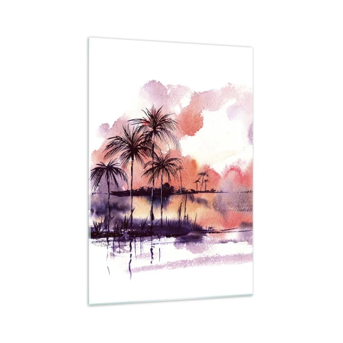 Quadro su vetro - Paesaggio tropicale con palme al tramonto in acquerello - 70x100cm - Pace dei tropici in rosso - Decorazione murale moderna per soggiorno e camera da letto ARTTOR