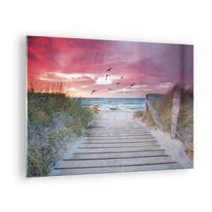 Quadro su vetro - Sentiero per la spiaggia al tramonto con uccelli che volano - 70x50cm - Impressioni baltiche - Decorazione murale moderna per soggiorno e camera da letto ARTTOR
