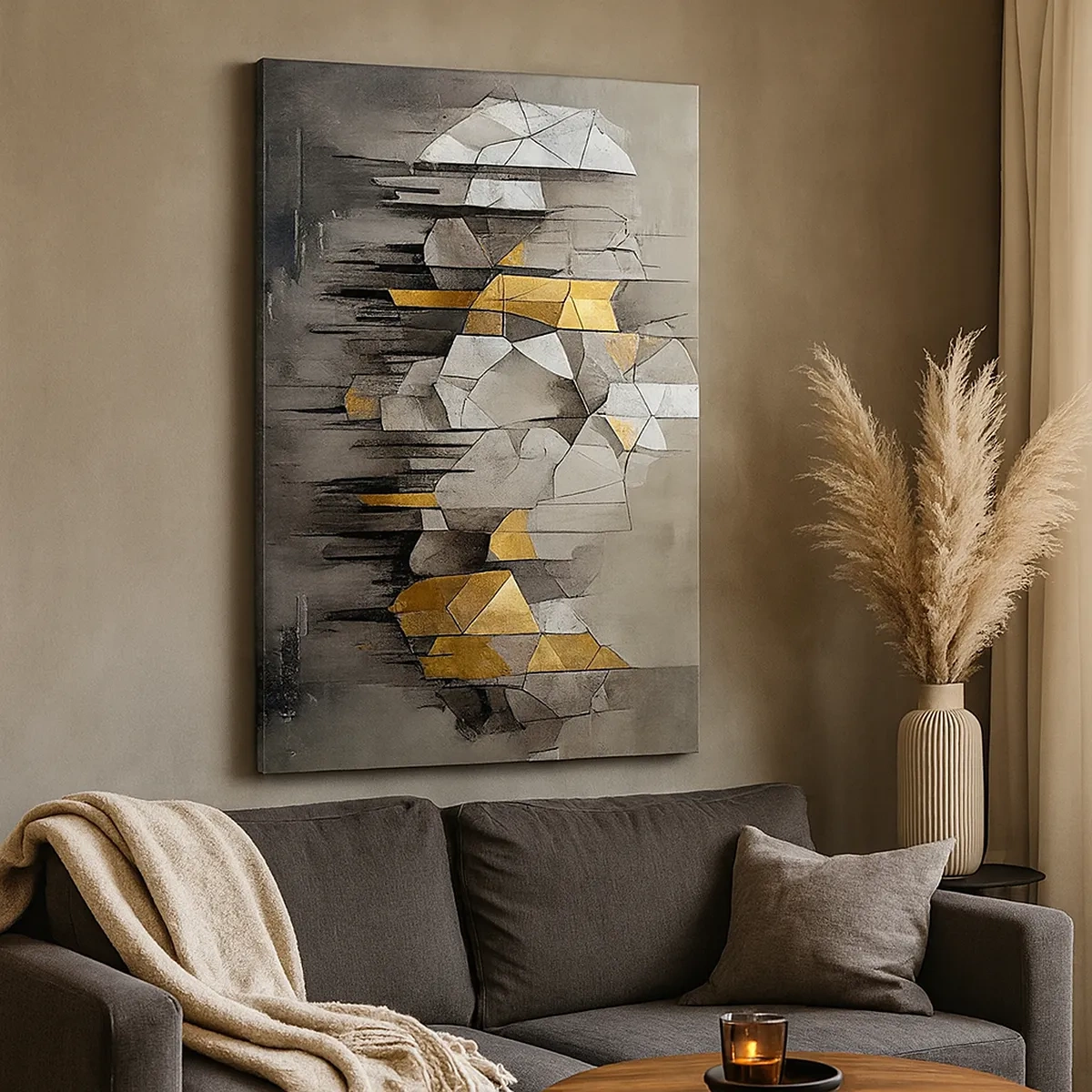 Quadro su tela - Stampe su Tela - Astrazione geometrica nei toni dell'oro e del grigio - 50x70cm - Composizione di ghiaccio e luce - Decorazione murale moderna per soggiorno e camera da letto ARTTOR