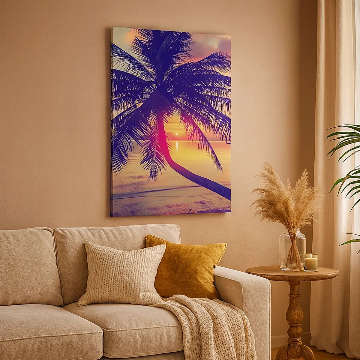 Quadro su tela - Stampe su Tela - Tramonto con una palma su una riva tranquilla - 50x70cm - Sera sotto le palme - Decorazione murale moderna per soggiorno e camera da letto ARTTOR