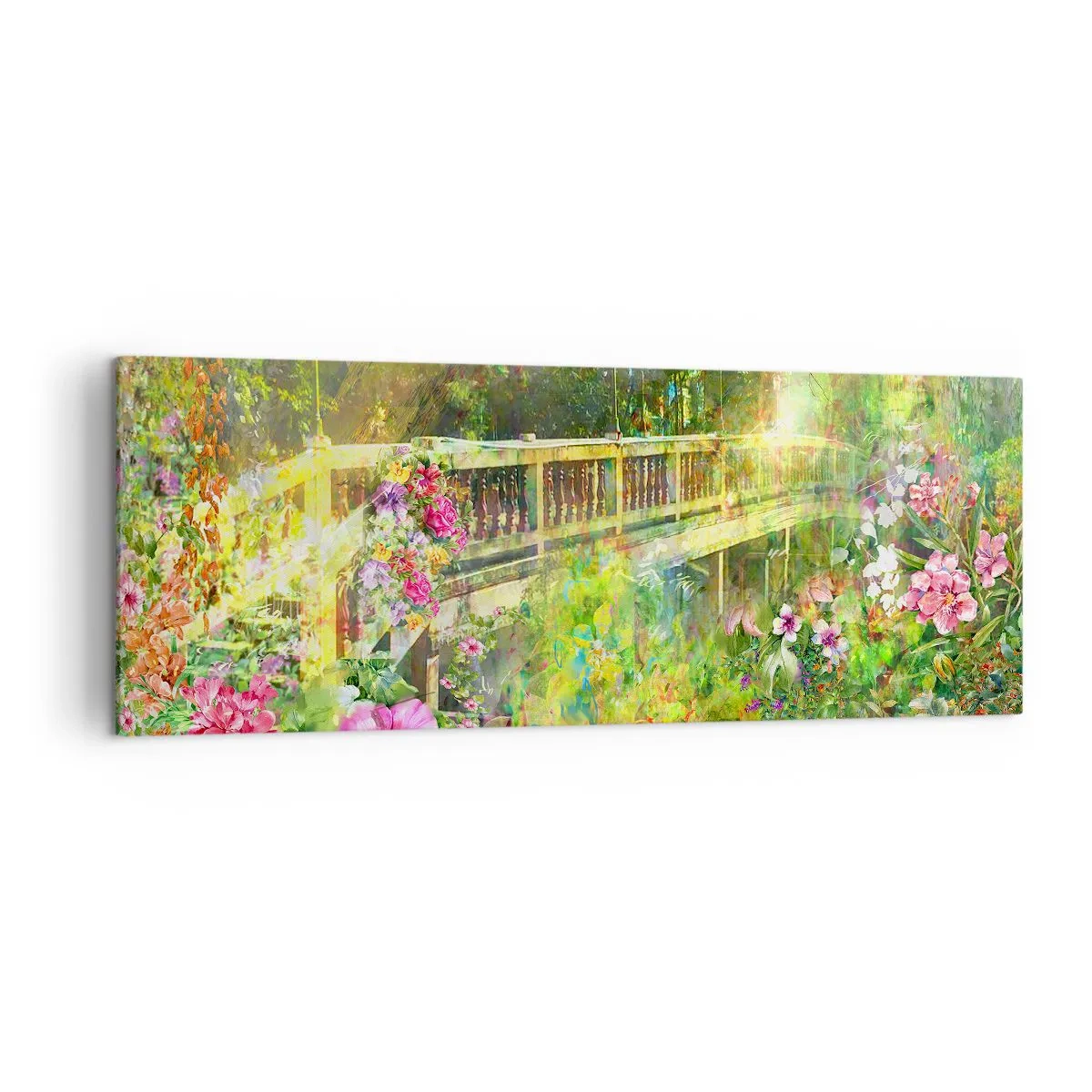 Quadro su tela - Stampe su Tela - Un ponte circondato da una vegetazione lussureggiante e fiori - 140x50cm - Il ponte dei sospiri primaverili - Decorazione murale moderna per soggiorno e camera da letto ARTTOR