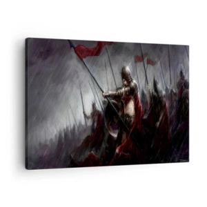 Quadro su tela - Stampe su Tela - Cavalieri in marcia verso il campo di battaglia sotto la pioggia - 70x50cm - Passante, dì a Sparta... - Decorazione murale moderna per soggiorno e camera da letto ARTTOR