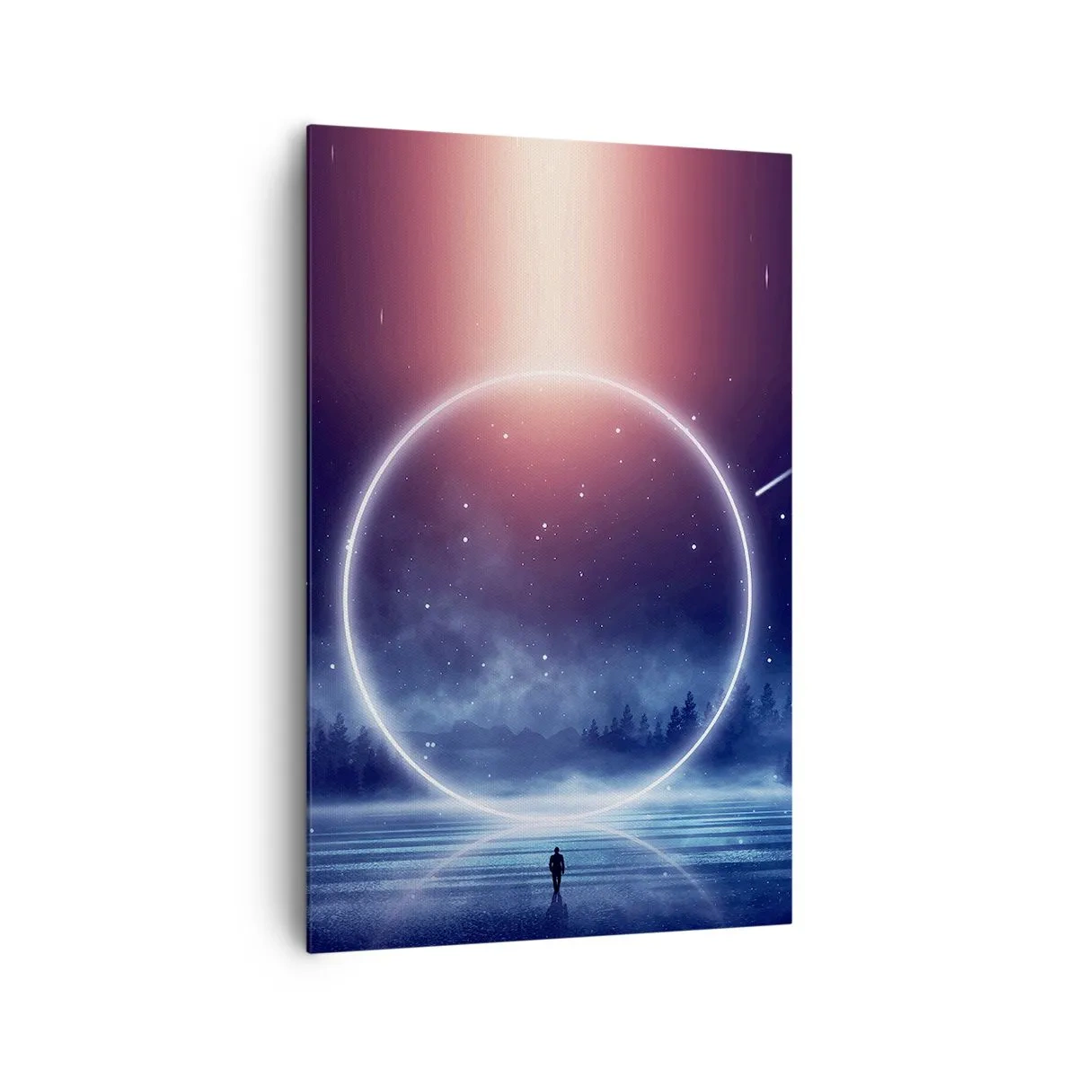 Quadro su tela - Stampe su Tela - Un paesaggio magico con una figura e un cerchio di luce di notte - 80x120cm - Sono già qui... - Decorazione murale moderna per soggiorno e camera da letto ARTTOR