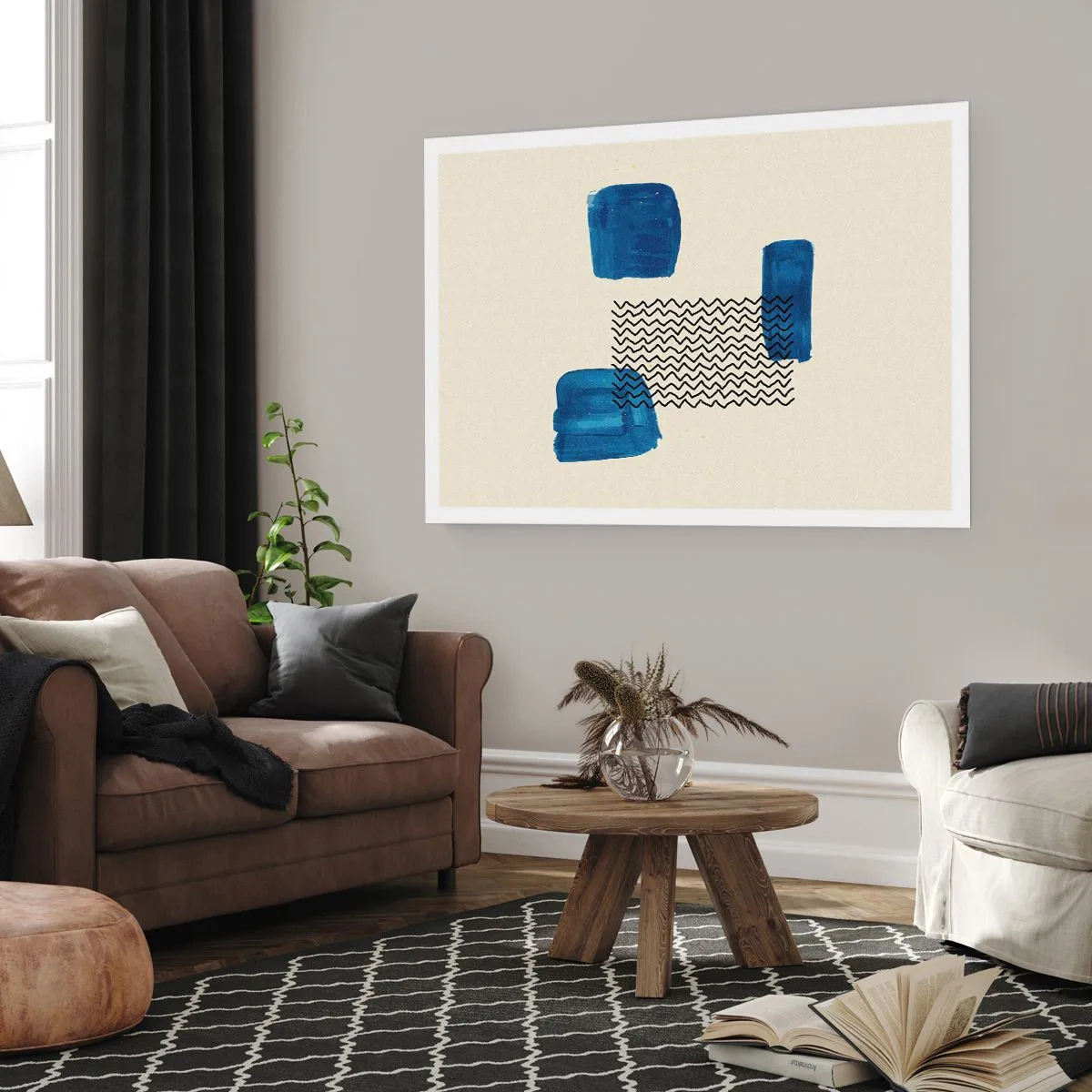 Poster - Composizione astratta con macchie blu e linee ondulate - 100x70cm - Quartetto astratto - Decorazione murale moderna per soggiorno e camera da letto ARTTOR