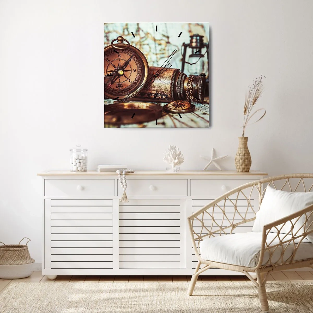 Orologio da parete - Orologio in Vetro - Un set retrò con bussola, telescopio e mappa a tema viaggio - 30x30cm - Ti aspetta l'avventura dei pirati dei Caraibi - Decorazione murale moderna per soggiorno e camera da letto ARTTOR