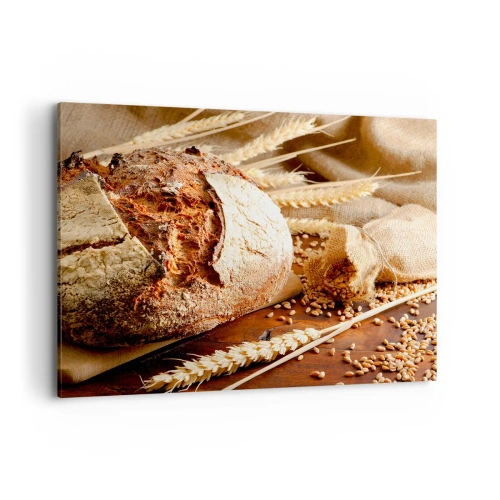 Quadro su tela - Stampe su Tela - Pane croccante con cereali e spighe di grano su fondo in legno - 100x70cm - Appetitoso, profumato, croccante - Decorazione murale moderna per soggiorno e camera da letto ARTTOR