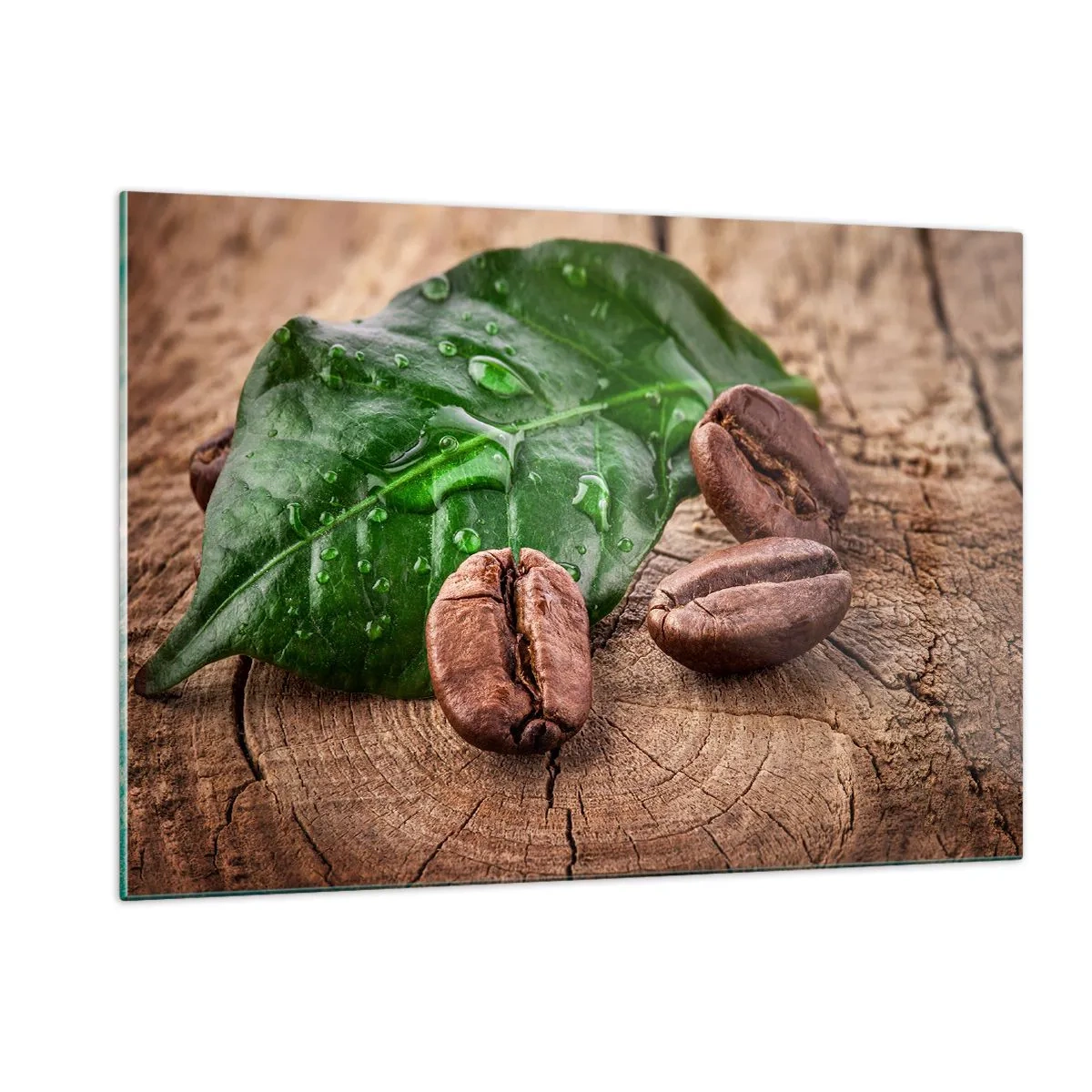Quadro su vetro - Chicchi di caffè su uno sfondo di foglie e legno - 120x80cm - Nero e autentico - Decorazione murale moderna per soggiorno e camera da letto ARTTOR