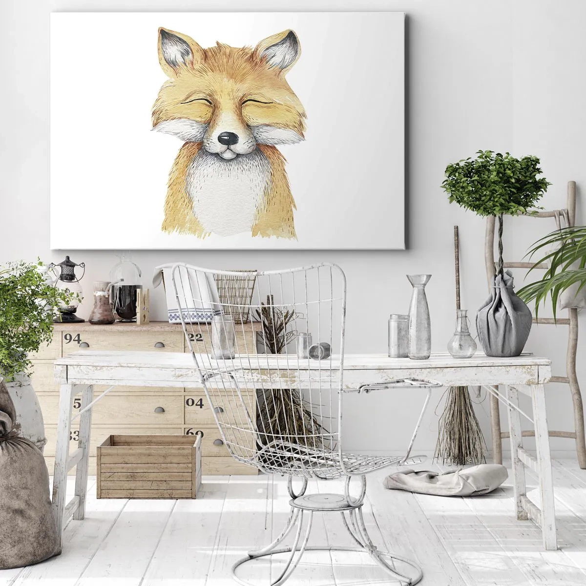 Quadro su tela - Stampe su Tela - Una volpe acquerello con un sorriso in stile minimalista - 70x50cm - Umore da volpe - Decorazione murale moderna per soggiorno e camera da letto ARTTOR