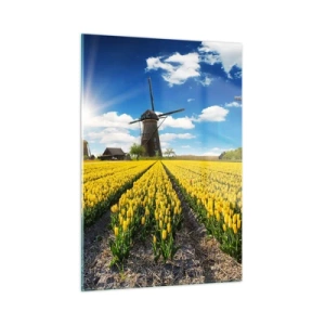 Quadro su vetro - Un campo di tulipani gialli con mulini a vento sullo sfondo in una giornata di sole. - 50x70cm - Più olandesi di così non si può - Decorazione murale moderna per soggiorno e camera da letto ARTTOR
