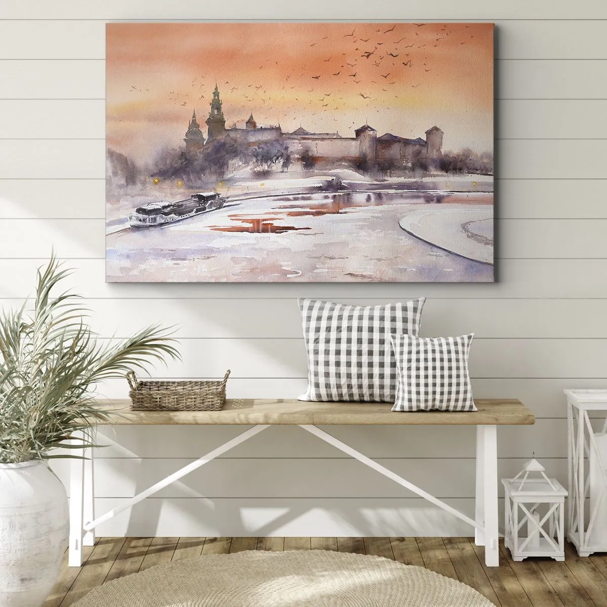 Quadro su tela - Stampe su Tela - Tramonto sul castello in uno scenario invernale - 70x50cm - Tramonto reale - Decorazione murale moderna per soggiorno e camera da letto ARTTOR