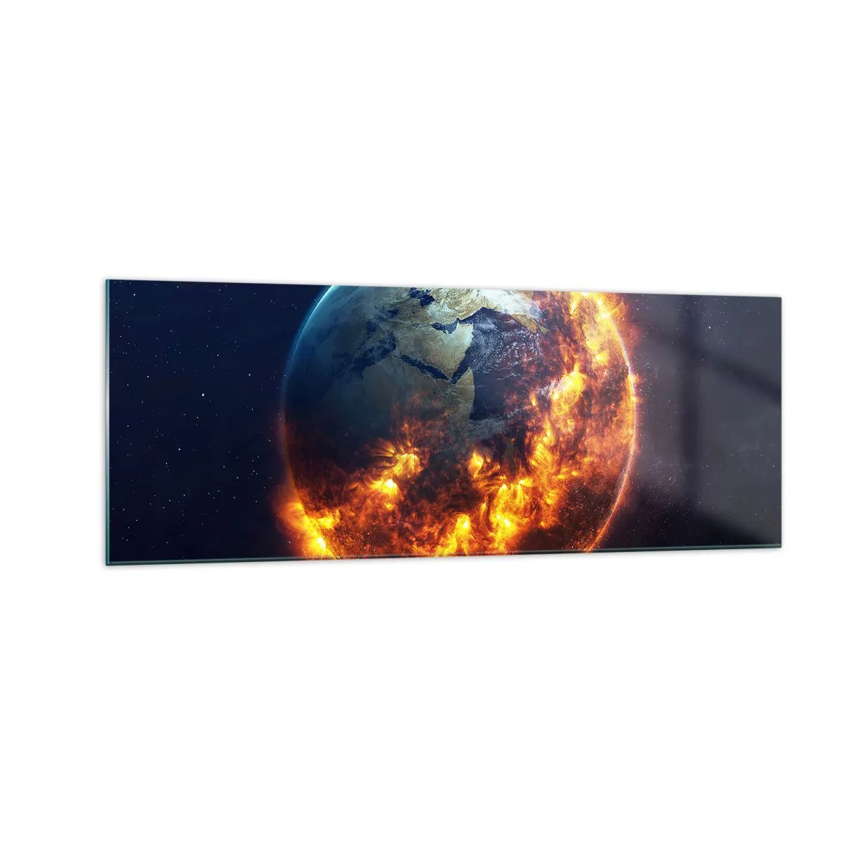 Quadro su vetro - Il pianeta Terra in fiamme nello spazio - 140x50cm - Le fiamme dell'apocalisse - Decorazione murale moderna per soggiorno e camera da letto ARTTOR