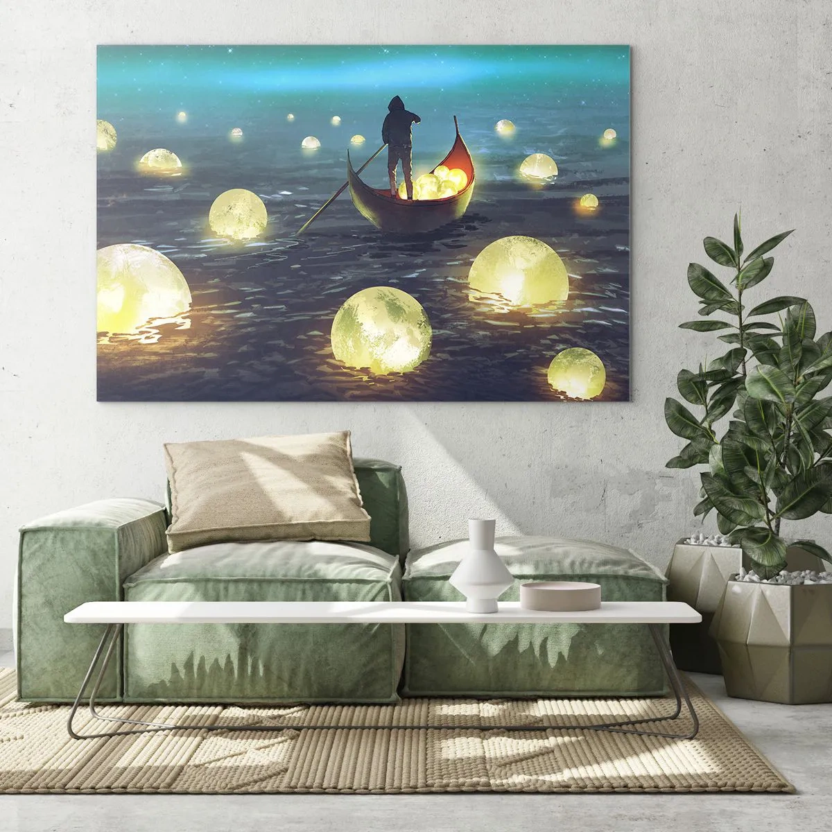 Quadro su vetro - Una barca con lanterne sull'acqua in un paesaggio surreale - 100x70cm - Cose che neanche i filosofi hanno sognato - Decorazione murale moderna per soggiorno e camera da letto ARTTOR