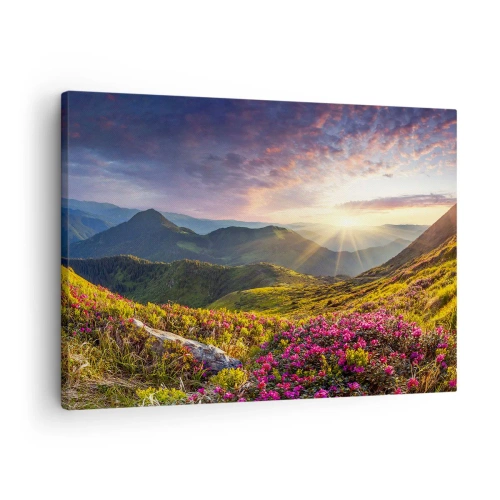 Quadro su tela - Stampe su Tela - Paesaggio montano con rododendri in fiore - 70x50cm - La freschezza di un mattino sui monti - Decorazione murale moderna per soggiorno e camera da letto ARTTOR