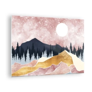 Quadro su vetro - Montagne e foreste al chiaro di luna contro un cielo rosa - 70x50cm - Guardiano notturno - Decorazione murale moderna per soggiorno e camera da letto ARTTOR