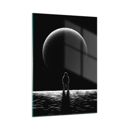 Quadro su vetro - Astronauta in piedi davanti a un pianeta in bianco e nero - 50x70cm - Faccia a faccia - Decorazione murale moderna per soggiorno e camera da letto ARTTOR