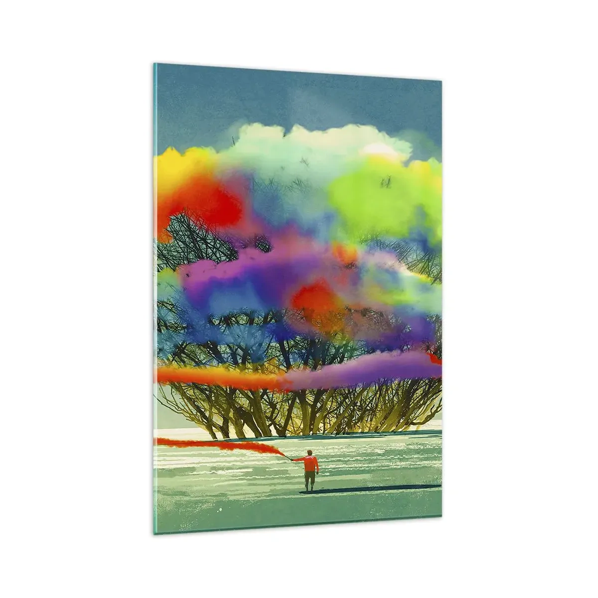 Quadro su vetro - Una figura con fumo colorato sullo sfondo di un albero nella natura selvaggia - 80x120cm - Ravvivando questo mondo - Decorazione murale moderna per soggiorno e camera da letto ARTTOR