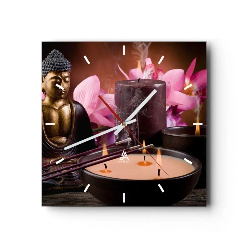 Orologio da parete - Orologio in Vetro - Statuetta di Buddha con candele accese e bastoncini di incenso - 30x30cm - Purificare la mente, calmare il corpo - Decorazione murale moderna per soggiorno e camera da letto ARTTOR