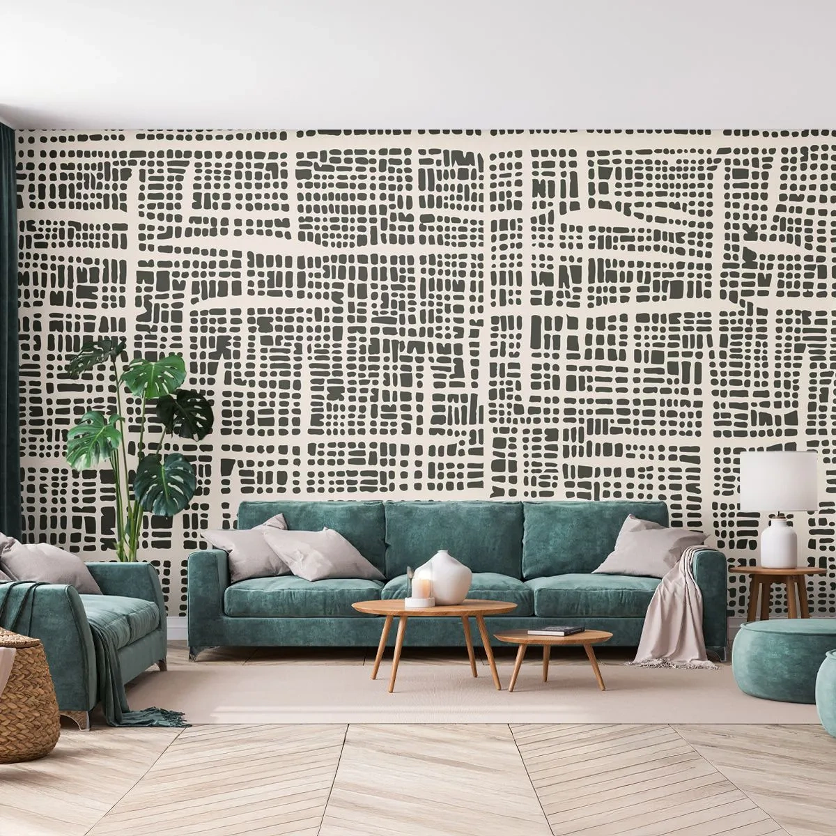 Fotomurali Standard Eco - Un motivo grafico di linee e punti irregolari - 100x70cm - Composizione tessuta - Decorazione murale moderna per soggiorno e camera da letto ARTTOR