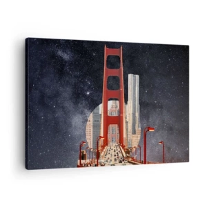 Quadro su tela - Stampe su Tela - Il Golden Gate Bridge con la città sullo sfondo contro un cielo stellato - 70x50cm - Sempre al centro - Decorazione murale moderna per soggiorno e camera da letto ARTTOR