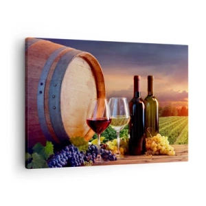 Quadro su tela - Stampe su Tela - Vino, bicchieri e una botte in un paesaggio pittoresco - 70x50cm - Qui la vita ha gusto - Decorazione murale moderna per soggiorno e camera da letto ARTTOR