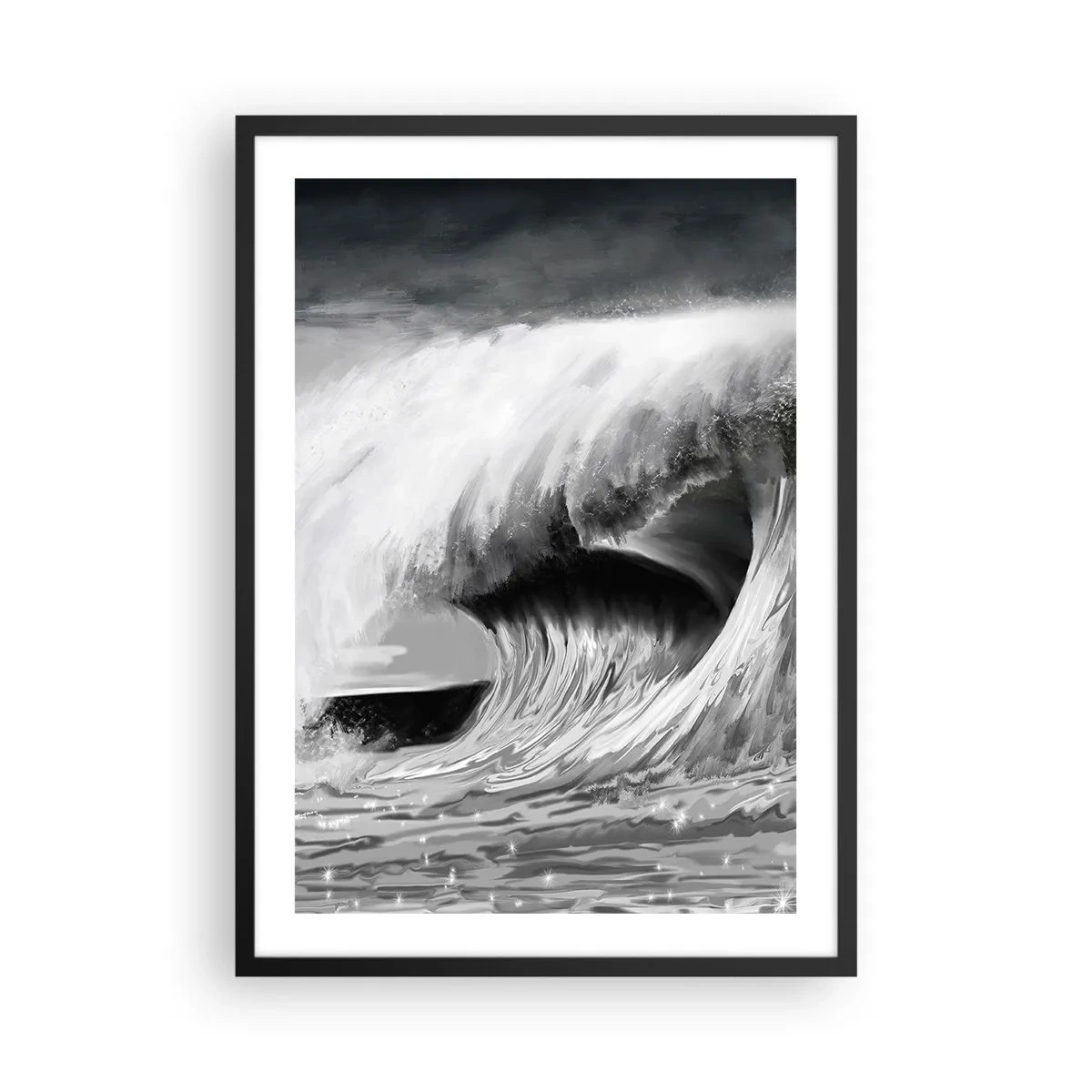 Poster in cornice nera - Un'onda potente nei toni del grigio - 50x70cm - La furia dell'oceano - Decorazione murale moderna per soggiorno e camera da letto ARTTOR
