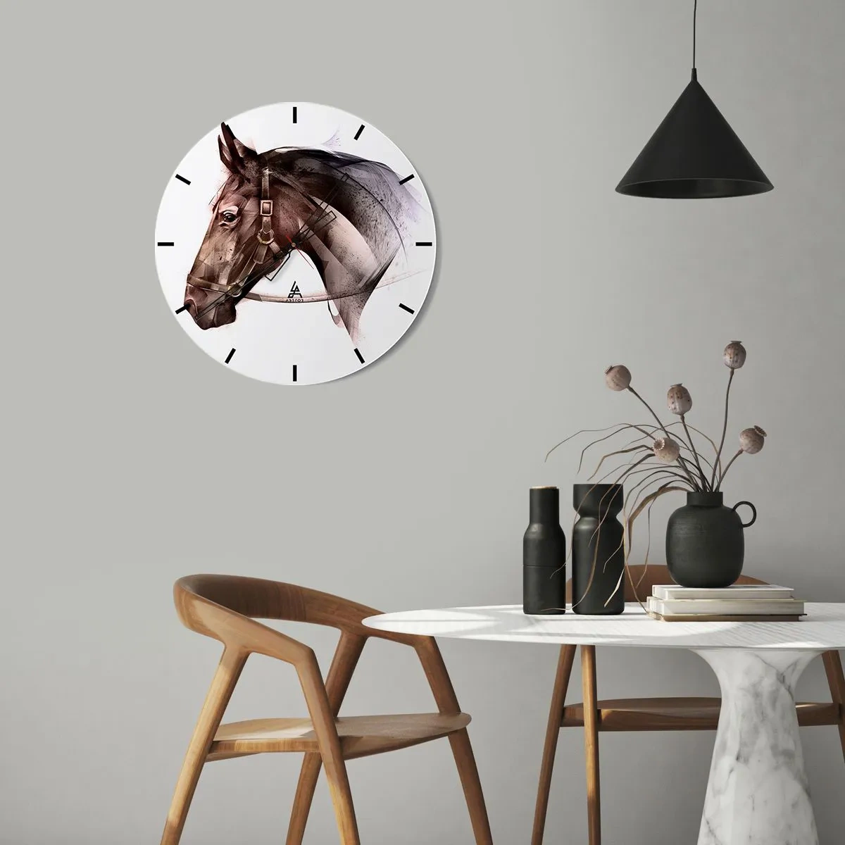 Orologio da parete - Orologio in Vetro - Un ritratto artisticamente realizzato di un cavallo su uno sfondo chiaro - 30x30cm - Che grazia - Decorazione murale moderna per soggiorno, cucina e camera da letto ARTTOR