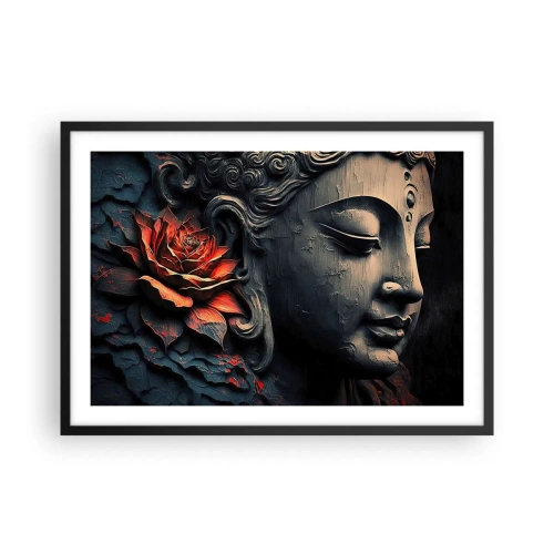 Poster in cornice nera - Scultura del Buddha con un fiore di loto rosso - 70x50cm - In armonia con il mondo - Decorazione murale moderna per soggiorno e camera da letto ARTTOR