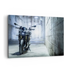 Quadro su tela - Stampe su Tela - Una motocicletta moderna in un interno industriale - 100x70cm - Prima che rombi il motore - Decorazione murale moderna per soggiorno e camera da letto ARTTOR