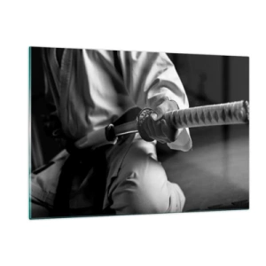 Quadro su vetro - Una figura in kimono che impugna una spada, composizione in bianco e nero - 120x80cm - L'anima del guerriero - Decorazione murale moderna per soggiorno e camera da letto ARTTOR