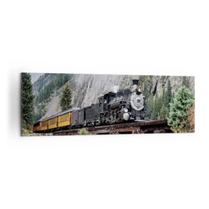 Quadro su tela - Stampe su Tela - Una locomotiva a vapore su un ponte in un pittoresco paesaggio montano - 160x50cm - Dove andiamo? - Decorazione murale moderna per soggiorno e camera da letto ARTTOR