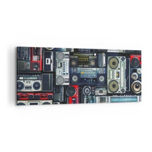 Quadro su tela - Stampe su Tela - Un collage di registratori a nastro retrò e altoparlanti vintage. - 120x50cm - Nostalgia degli anni '80 - Decorazione murale moderna per soggiorno e camera da letto ARTTOR