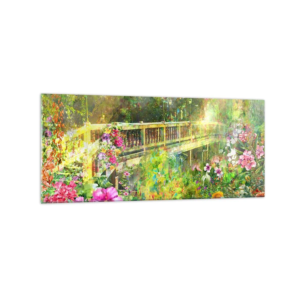 Quadro su vetro - Un ponte circondato da una vegetazione lussureggiante e fiori - 120x50cm - Il ponte dei sospiri primaverili - Decorazione murale moderna per soggiorno e camera da letto ARTTOR