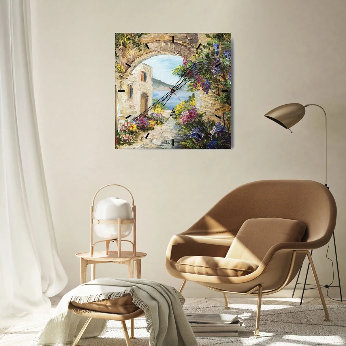 Orologio da parete - Orologio in Vetro - Paesaggio marino con edifici in pietra e fiori - 30x30cm - La bellezza della provincia costiera - Decorazione murale moderna per soggiorno e camera da letto ARTTOR