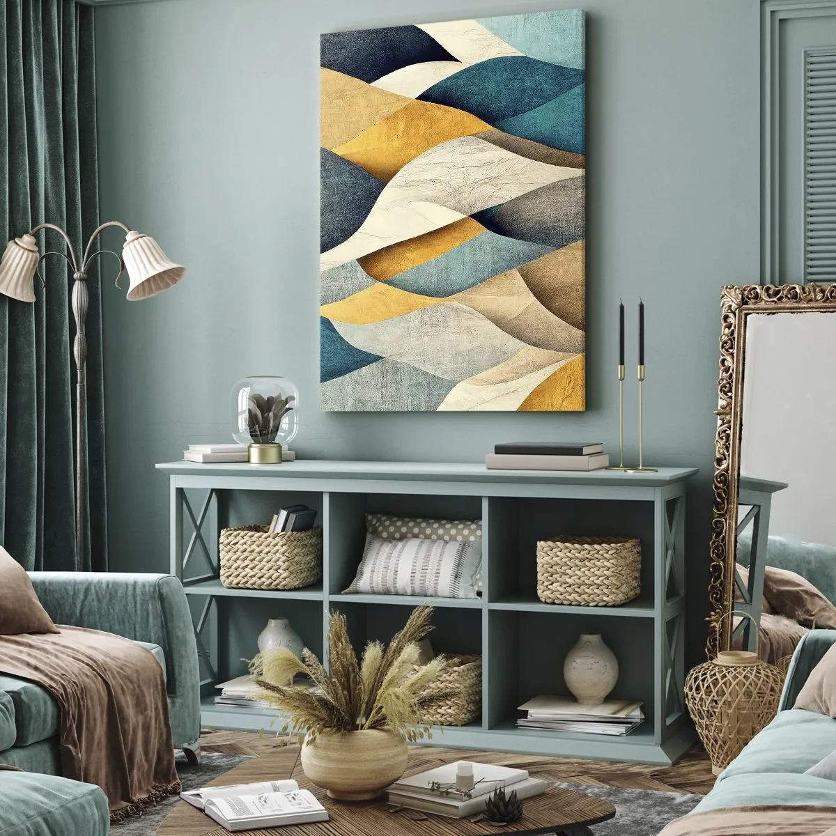 Quadro su tela - Stampe su Tela - Onde astratte nei toni del blu e dell'oro - 50x70cm - Ritmo e ondulazioni - Decorazione murale moderna per soggiorno e camera da letto ARTTOR
