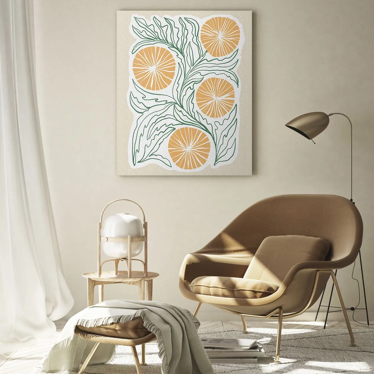 Quadro su vetro - Frutti arancioni e foglie verdi in una composizione grafica - 50x70cm - Etnicamente con una nota di astrazione - Decorazione murale moderna per soggiorno e camera da letto ARTTOR