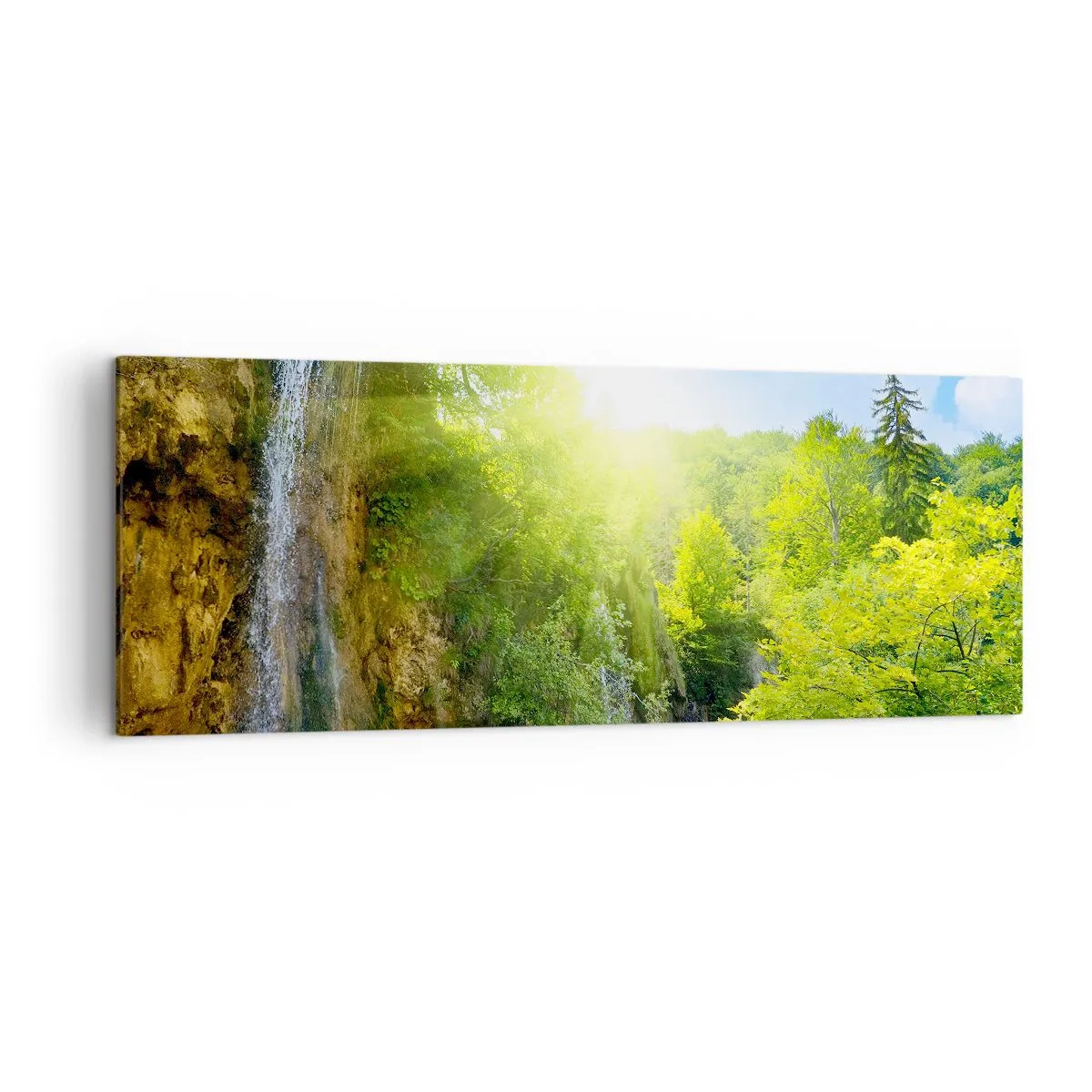 Quadro su tela - Stampe su Tela - Una cascata che sfocia in un lago turchese circondato dal verde - 140x50cm - Così deve essere il paradiso - Decorazione murale moderna per soggiorno e camera da letto ARTTOR