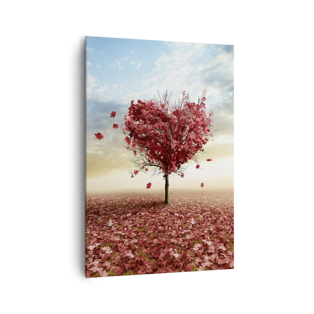 Quadro su tela - Stampe su Tela - Un albero solitario a forma di cuore in un campo di foglie rosse - 70x100cm - Ama questo autunno - Decorazione murale moderna per soggiorno e camera da letto ARTTOR