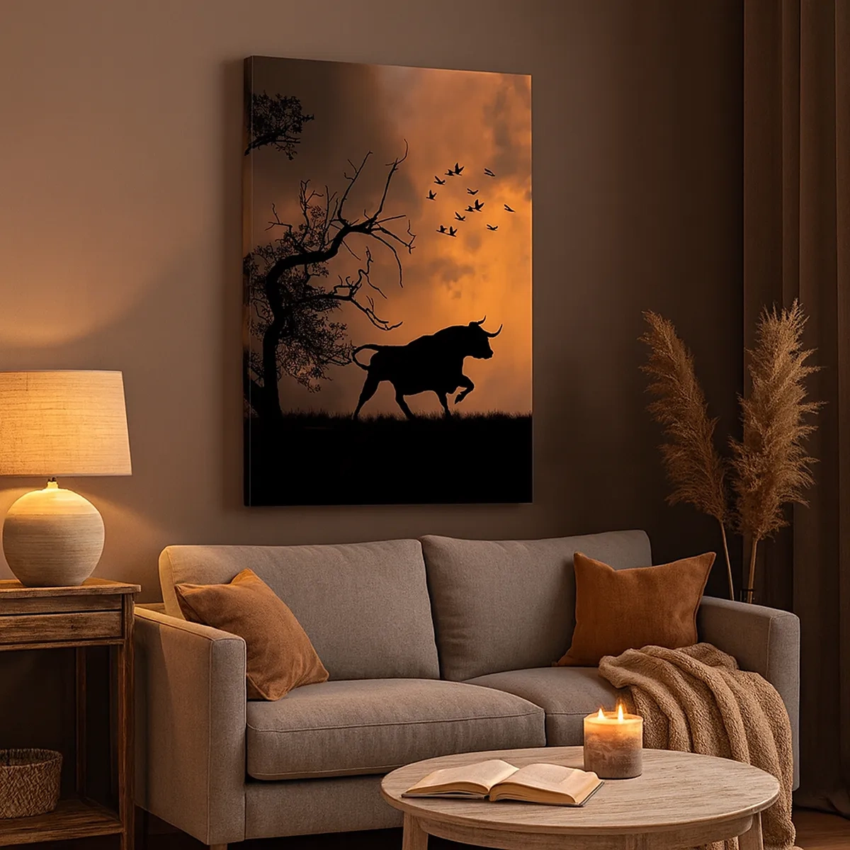 Quadro su tela - Stampe su Tela - Sagome di tori contro un cielo arancione al tramonto - 50x70cm - Drammatico spettacolo della natura - Decorazione murale moderna per soggiorno e camera da letto ARTTOR