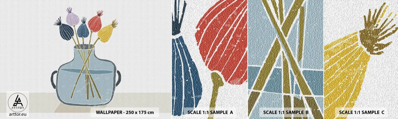 Campione Di Fotomurale Standard Eco - Il silenzio dei papaveri - Fiori, Vaso, Minimalismo - 100x30 cm