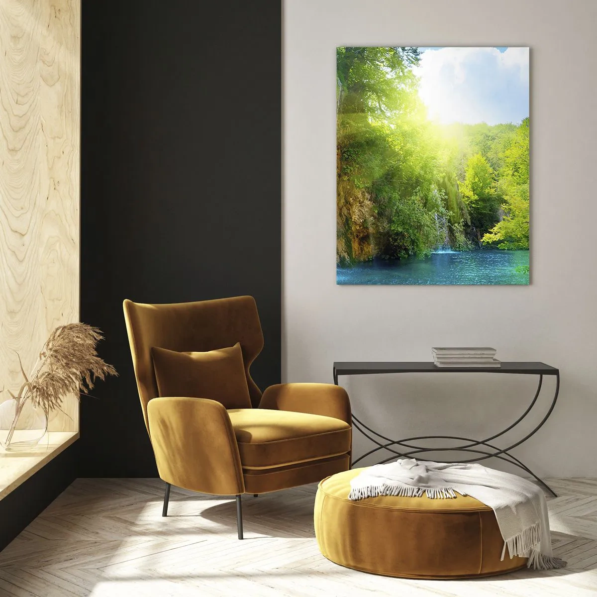 Quadro su vetro - Una cascata che sfocia in un lago blu circondato dal verde - 50x70cm - Così deve essere il paradiso - Decorazione murale moderna per soggiorno e camera da letto ARTTOR