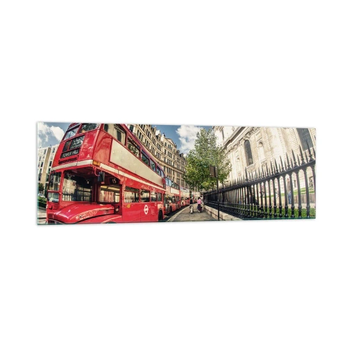 Quadro su vetro - Autobus rosso a due piani a Londra vicino alla strada e alla cattedrale - 160x50cm - Via di Londra in grigio e rosso - Decorazione murale moderna per soggiorno e camera da letto ARTTOR