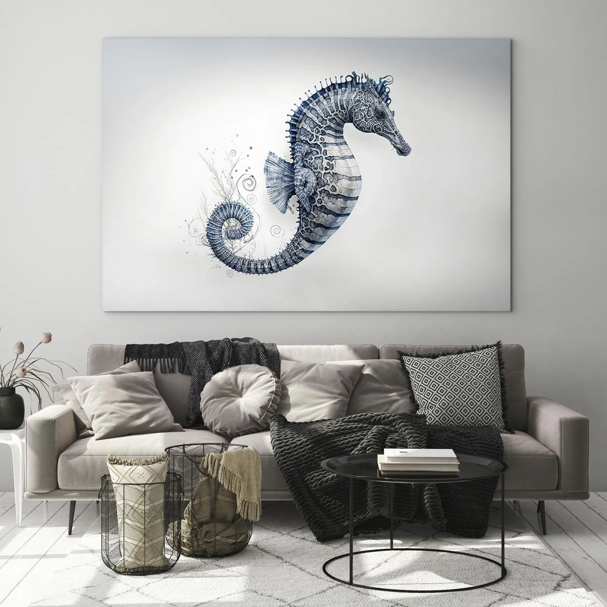 Quadro su vetro - Cavalluccio marino blu su sfondo chiaro in stile disegno - 70x50cm - Delicato scherzo di natura - Decorazione murale moderna per soggiorno e camera da letto ARTTOR