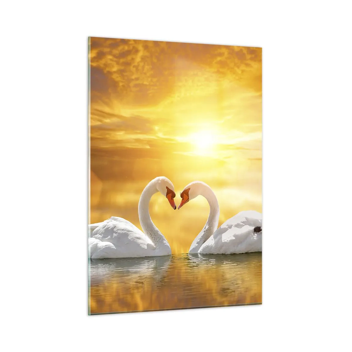 Quadro su vetro - Due cigni sull'acqua formano un cuore sullo sfondo di un tramonto - 50x70cm - Cuore è la più bella parola del mondo… - Decorazione murale moderna per soggiorno e camera da letto ARTTOR