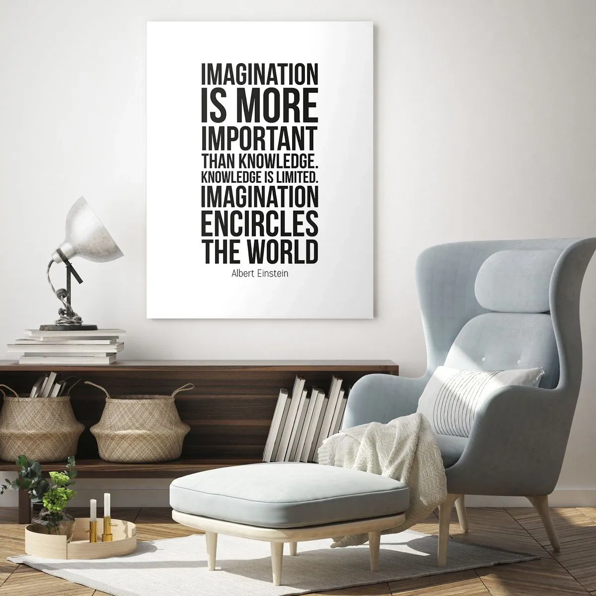 Quadro su vetro - Citazione ispiratrice su sfondo bianco in carattere nero - 80x120cm - Einstein sul potere dell'immaginazione - Decorazione murale moderna per soggiorno e camera da letto ARTTOR