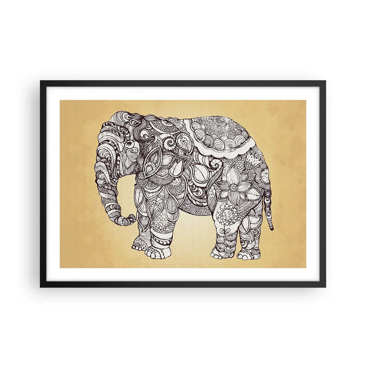 Poster in cornice nera - Elefante disegnato a mano con motivo ornamentale su sfondo beige - 70x50cm - L'elefante nascosto - Decorazione murale moderna per soggiorno e camera da letto ARTTOR