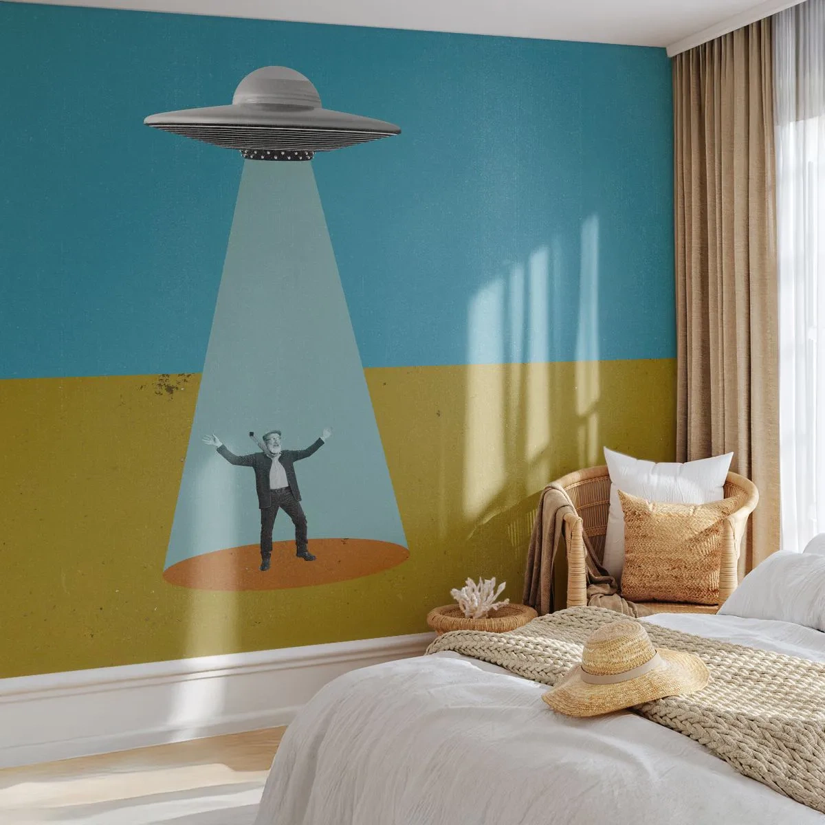 Fotomurali Premium Sand - Immagine di un UFO che trasporta un uomo nella luce nella terra desolata - 100x70cm - Incontro ravvicinato - Decorazione murale moderna per soggiorno e camera da letto ARTTOR