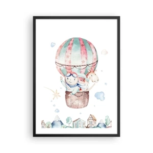 Poster in cornice nera - Una simpatica illustrazione di un orsacchiotto che vola in mongolfiera sopra una città - 50x70cm - Torniamo presto! - Decorazione murale moderna per soggiorno e camera da letto ARTTOR