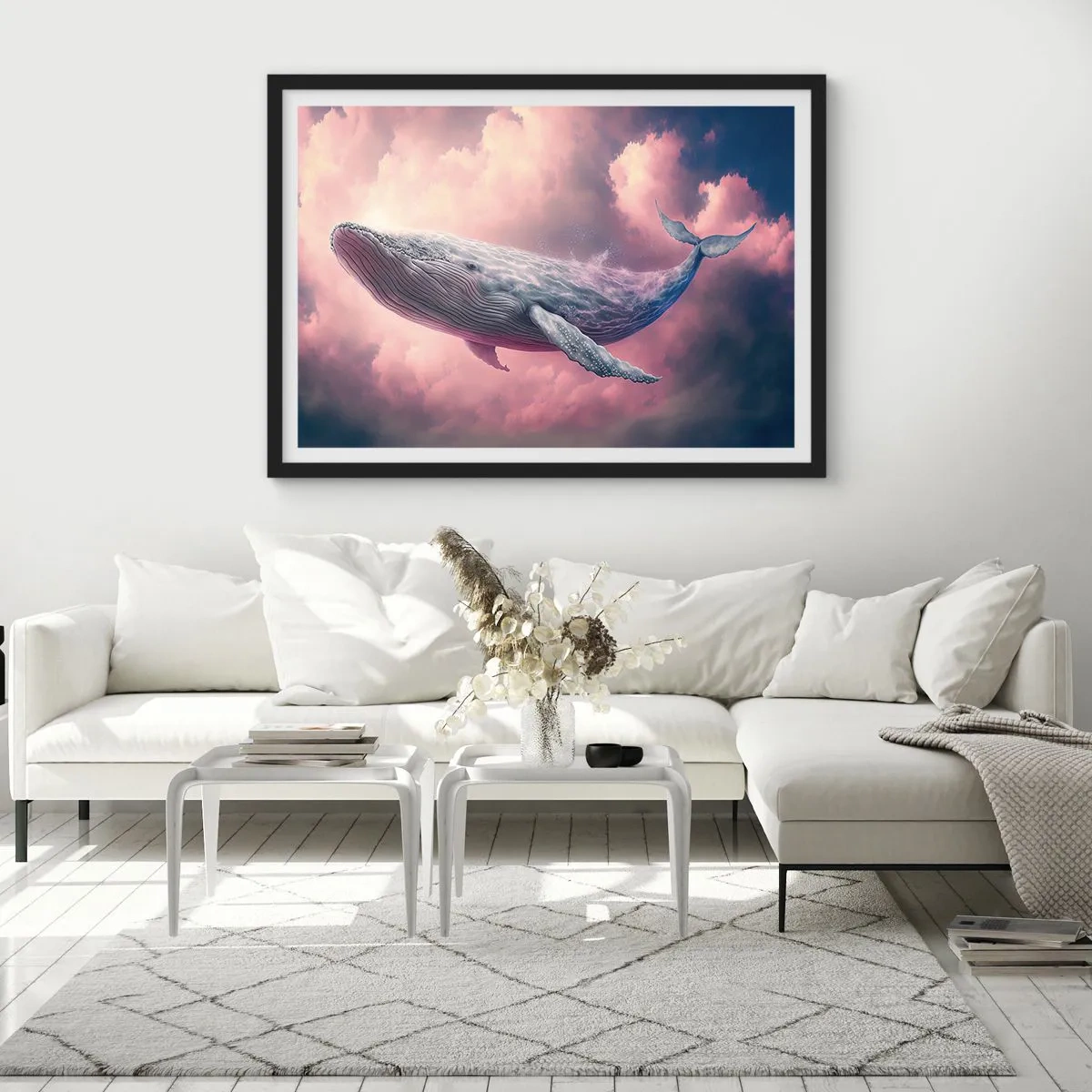 Poster in cornice nera - Una balena che galleggia tra le nuvole al tramonto - 70x50cm - Strofinati gli occhi - Decorazione murale moderna per soggiorno e camera da letto ARTTOR