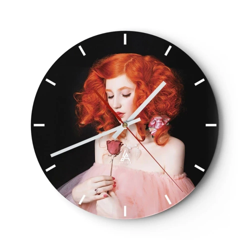 Orologio da parete - Orologio in Vetro - Ritratto di una donna con riccioli rossi e una rosa in mano - 30x30cm - In stile barocco - Decorazione murale moderna per soggiorno, cucina e camera da letto ARTTOR